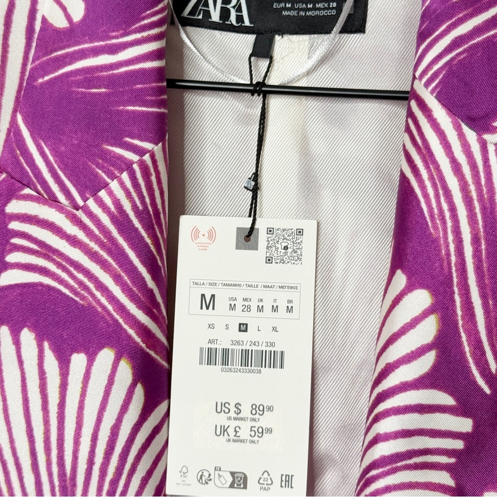 NWT Zara Women’s Satin‎ Effect Printed Blazer Jacket Green Purple White Medium - Picture 9 of 9